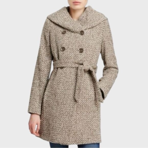 NEW Calvin Klein Tweed Belted Coat With Hood Tan Brown Cream Wool Size 12 NWOT - Picture 1 of 12